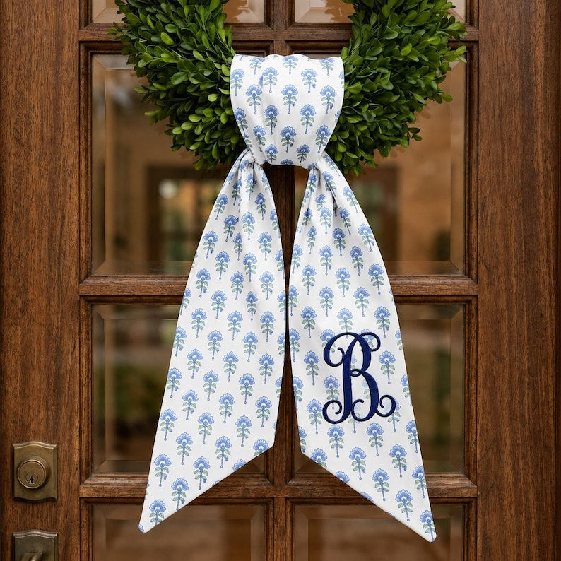 Personalized Monogram Wreath Bow, Blue Floral Door Sash, Custom Front Door Ribbon, Spring Summer Entryway Decor