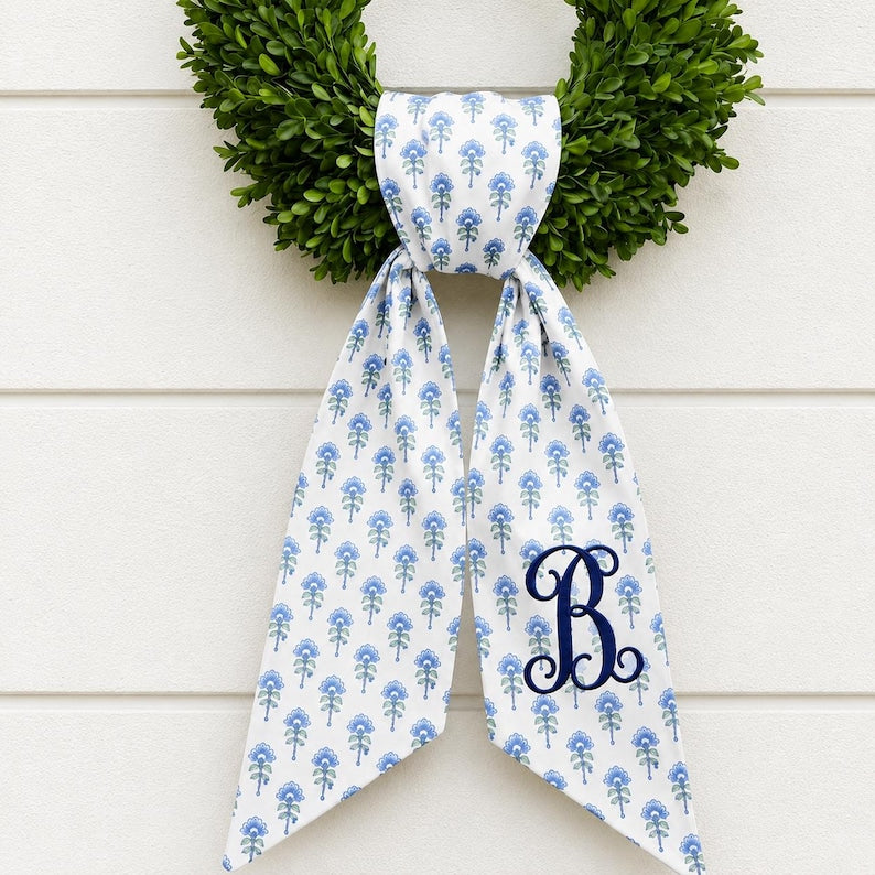Personalized Monogram Wreath Bow, Blue Floral Door Sash, Custom Front Door Ribbon, Spring Summer Entryway Decor