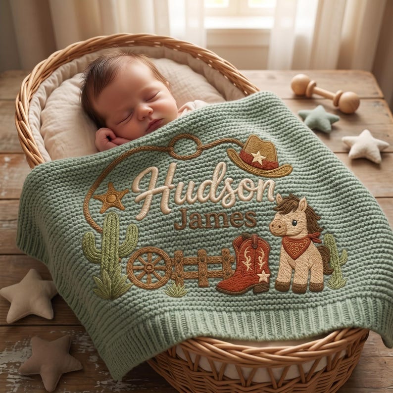 Personalized Cowboy Horse Baby Blanket Name, Custom Embroidered Cowboy Hat Boot Baby Shower Gift