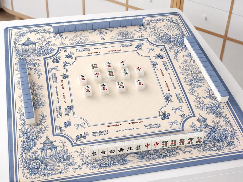 Blue Chinoiserie Mahjong Mat, Elegant French Toile Garden Table Decor, Grandmillennial Washable Game Mat