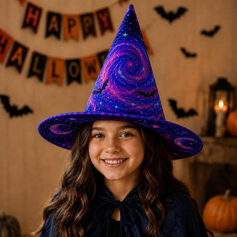 Galaxy Witch Hat, Celestial Cosmic Halloween, Purple Bat Moon Star Accent, Witchy Gothic Spooky Season Gift