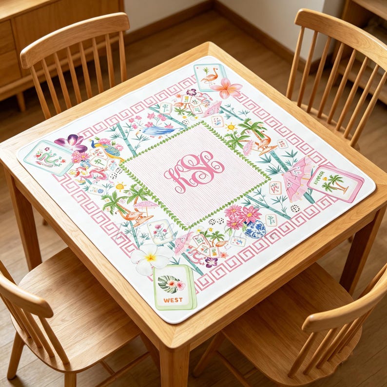 Personalized Monogram Printed Majiong Mat, Luxurious Mahjong Table Cover, Tropical Table Cover