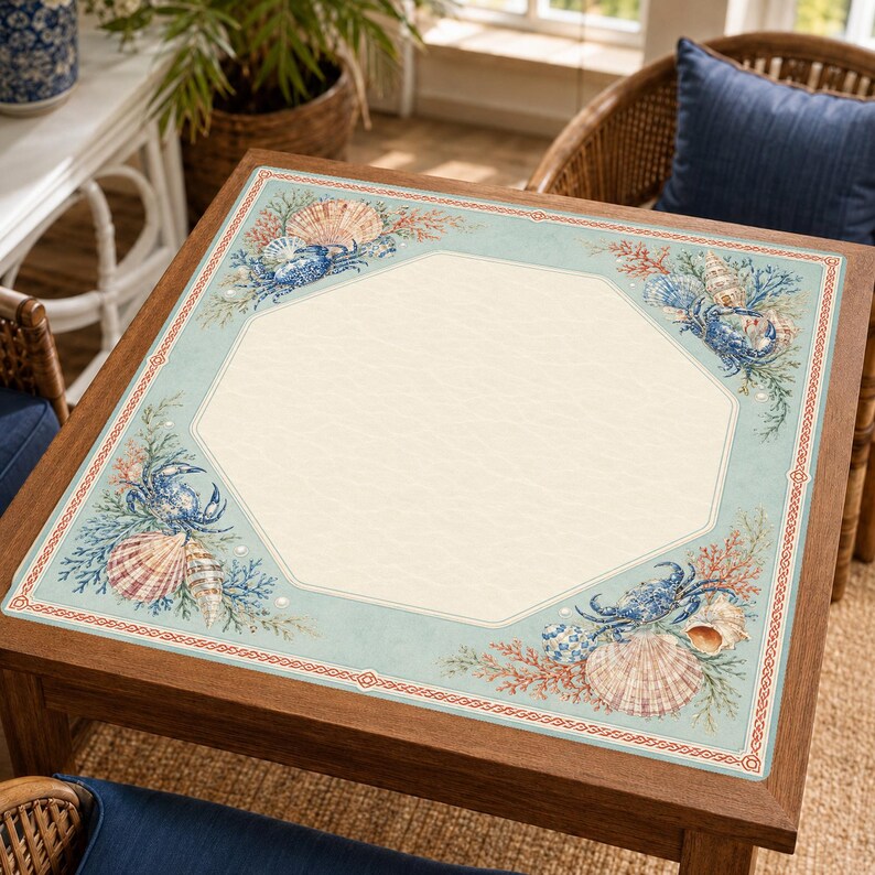 Coastal Shell Cabinet Mahjong Mat, Blue Crab and Seashell Mahjong Table Mat