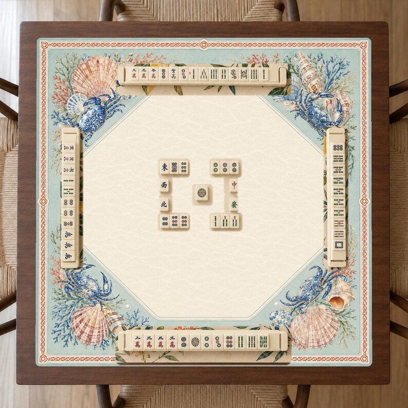 Coastal Shell Cabinet Mahjong Mat, Blue Crab and Seashell Mahjong Table Mat