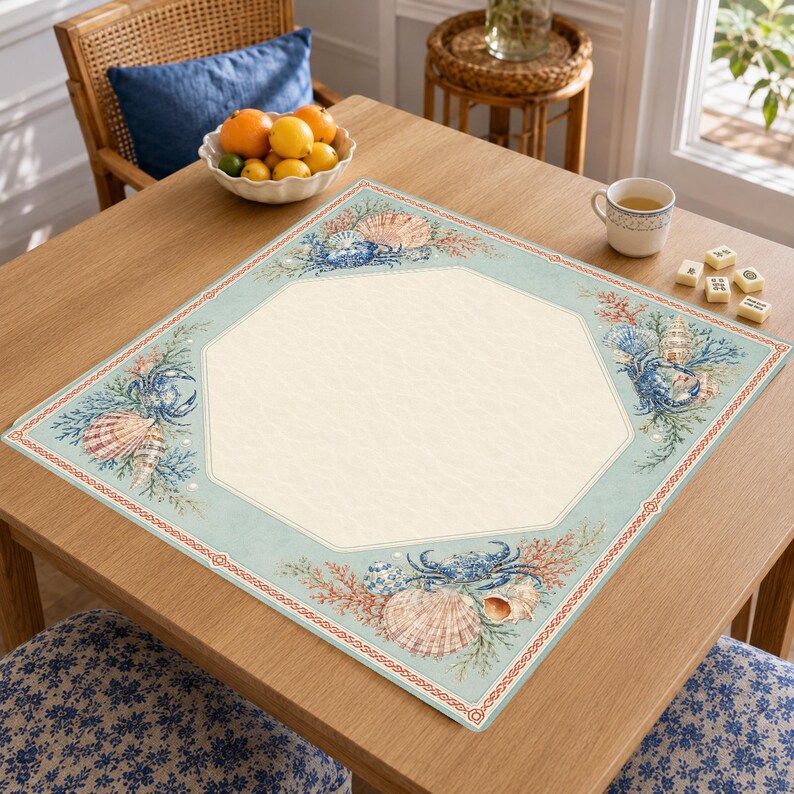 Coastal Shell Cabinet Mahjong Mat, Blue Crab and Seashell Mahjong Table Mat
