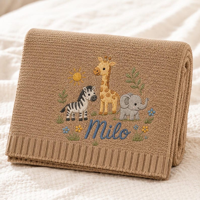 Personalized Safari Baby Blanket with Name, Embroidered Safari Animals, Soft Knit Nursery Blanket, Baby Shower Gift