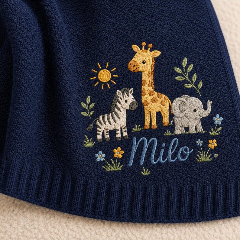 Personalized Safari Baby Blanket with Name, Embroidered Safari Animals, Soft Knit Nursery Blanket, Baby Shower Gift