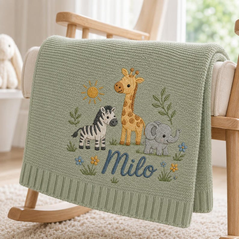 Personalized Safari Baby Blanket with Name, Embroidered Safari Animals, Soft Knit Nursery Blanket, Baby Shower Gift