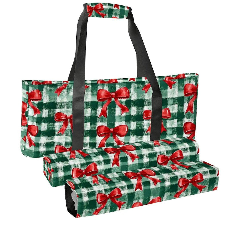 Christmas Mahjong Bag Set, Holiday Mahjong Tote Bag, Christmas Bow Mahjong Tile Bag, Buffalo Plaid Mahjong Rack Bag