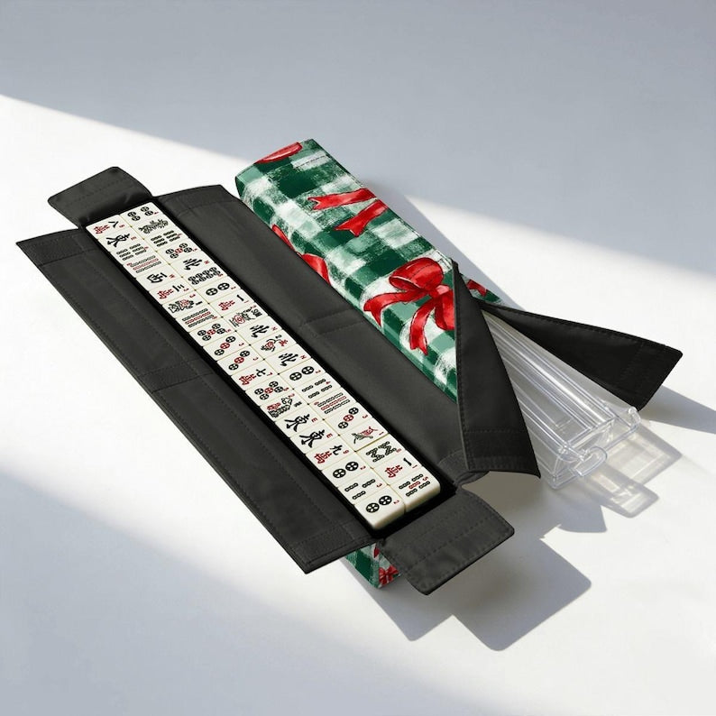 Christmas Mahjong Bag Set, Holiday Mahjong Tote Bag, Christmas Bow Mahjong Tile Bag, Buffalo Plaid Mahjong Rack Bag