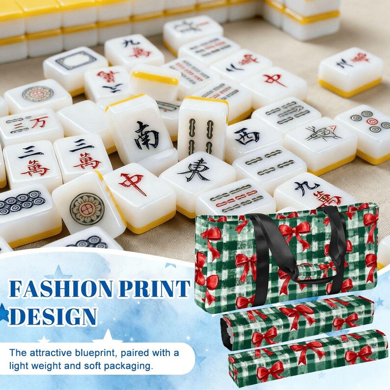 Christmas Mahjong Bag Set, Holiday Mahjong Tote Bag, Christmas Bow Mahjong Tile Bag, Buffalo Plaid Mahjong Rack Bag