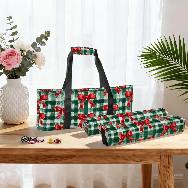 Christmas Mahjong Bag Set, Holiday Mahjong Tote Bag, Christmas Bow Mahjong Tile Bag, Buffalo Plaid Mahjong Rack Bag