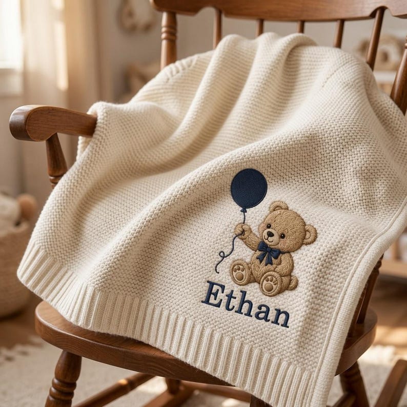 Personalized Teddy Bear Embroidered Baby Blanket, Custom Name Woodland Cabin Nursery Keepsake, Gift For Baby