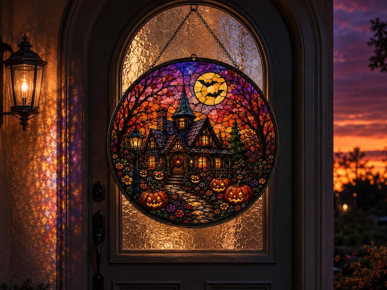 Haunted House Halloween Suncatcher, Pumpkin Stained Glass Window Hanging, Gothic Fall Decor, Spooky Halloween Gift