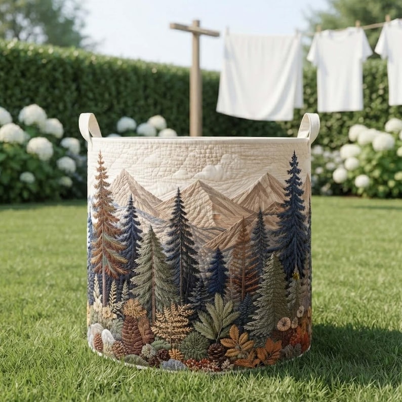 Forest Harmony Quilted Laundry Basket, Mountain Landscape Clothes Hamper, Housewarming Gift