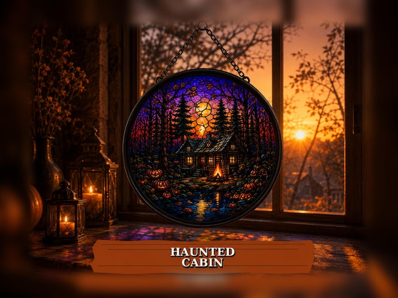 Haunted House Halloween Suncatcher, Pumpkin Stained Glass Window Hanging, Gothic Fall Decor, Spooky Halloween Gift