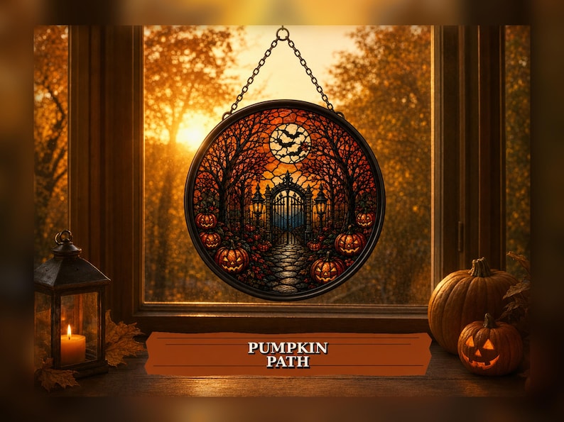 Haunted House Halloween Suncatcher, Pumpkin Stained Glass Window Hanging, Gothic Fall Decor, Spooky Halloween Gift