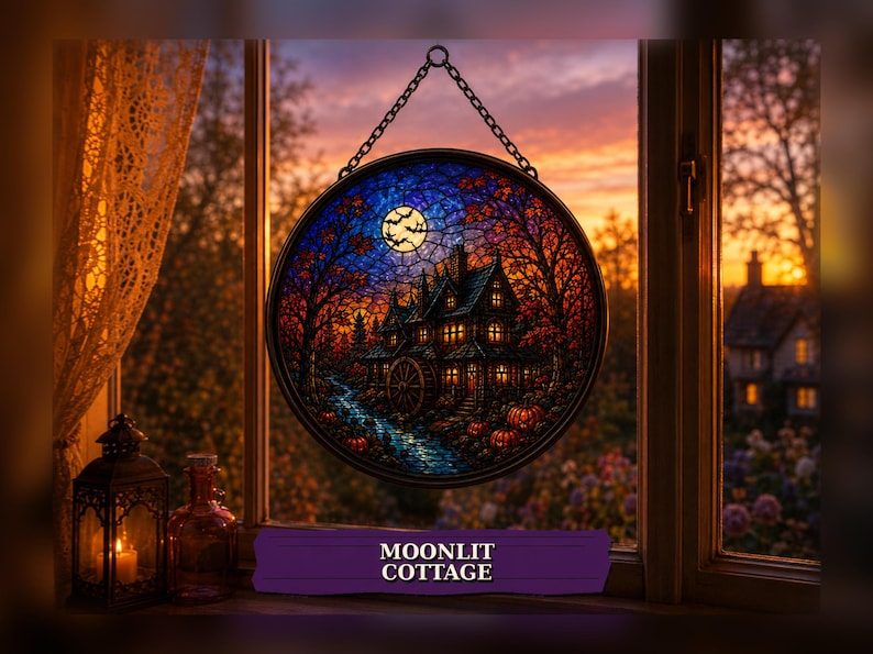Haunted House Halloween Suncatcher, Pumpkin Stained Glass Window Hanging, Gothic Fall Decor, Spooky Halloween Gift