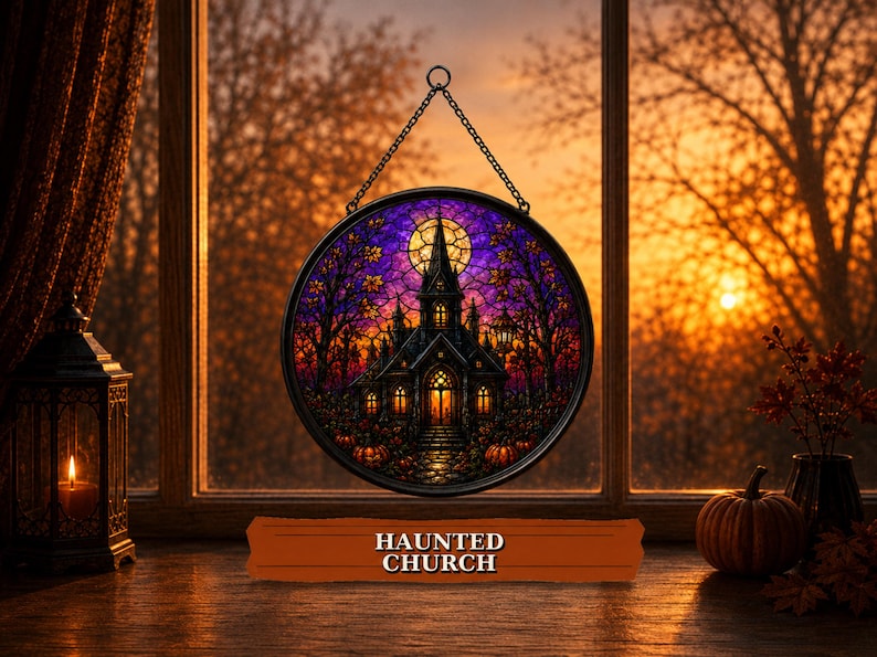 Haunted House Halloween Suncatcher, Pumpkin Stained Glass Window Hanging, Gothic Fall Decor, Spooky Halloween Gift