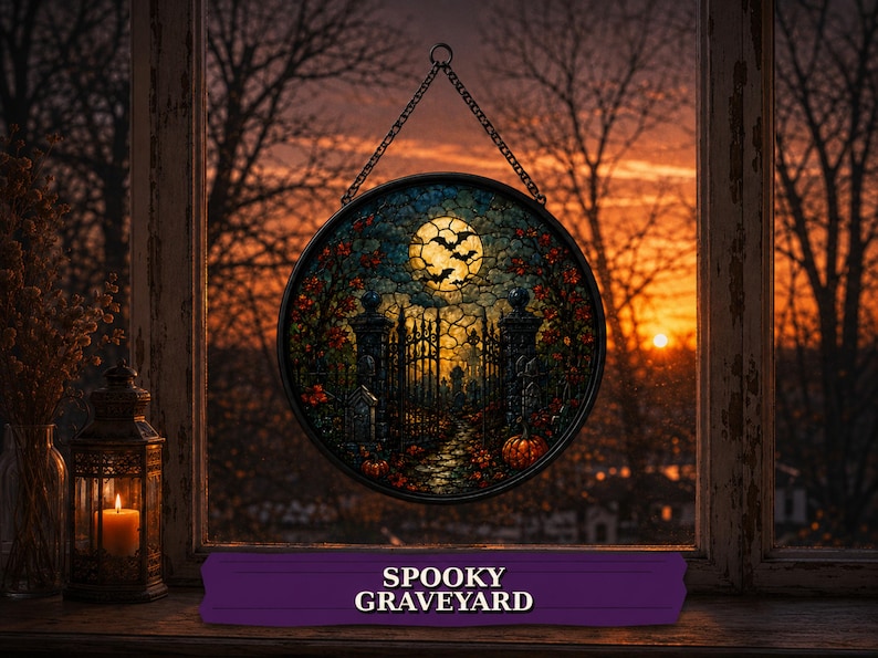 Haunted House Halloween Suncatcher, Pumpkin Stained Glass Window Hanging, Gothic Fall Decor, Spooky Halloween Gift