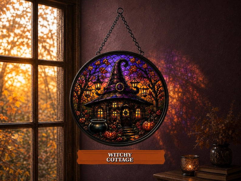Haunted House Halloween Suncatcher, Pumpkin Stained Glass Window Hanging, Gothic Fall Decor, Spooky Halloween Gift