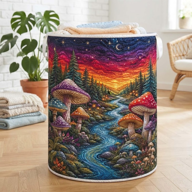 Hippie Mushroom Quilted Laundry Basket, Colorful Forest Hamper, Magic Mushroom Storage Bin