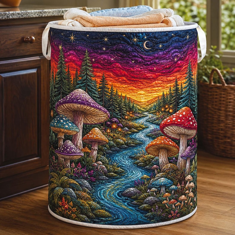 Hippie Mushroom Quilted Laundry Basket, Colorful Forest Hamper, Magic Mushroom Storage Bin