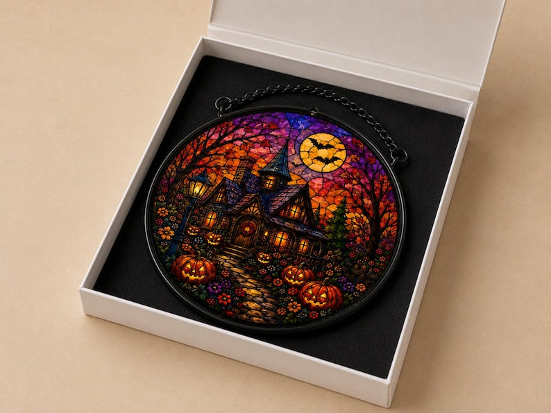 Haunted House Halloween Suncatcher, Pumpkin Stained Glass Window Hanging, Gothic Fall Decor, Spooky Halloween Gift