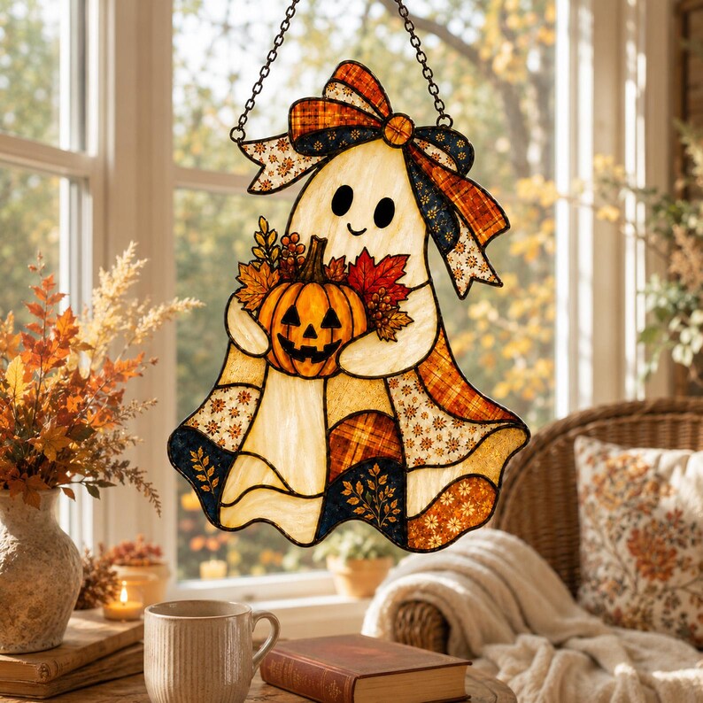 Patchwork Ghost Acrylic Suncatcher, Halloween Ghost Window Hanging, Pumpkin Sun Catcher, Autumn Window Decor Gift