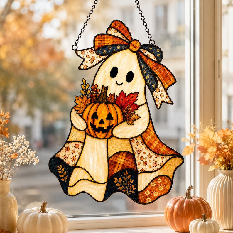 Patchwork Ghost Acrylic Suncatcher, Halloween Ghost Window Hanging, Pumpkin Sun Catcher, Autumn Window Decor Gift