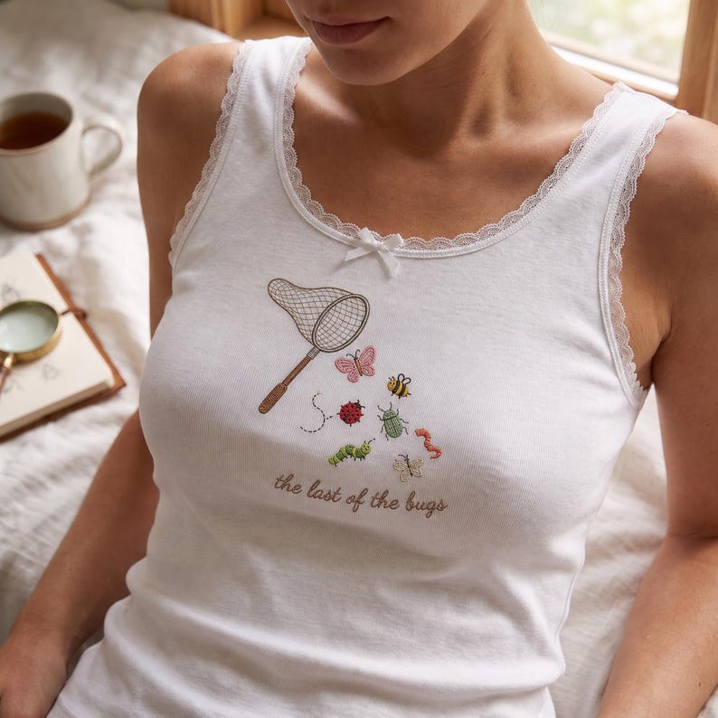 Embroidered Shirt, The Last Of The Bugs Lace Tank Top, Butterfly Ladybug Shirt, Nature Lover Apparel, Gardener Gift