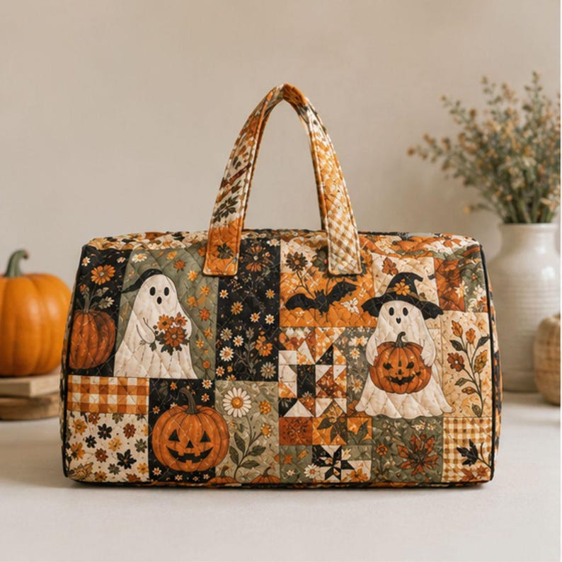 Halloween Patchwork Quilt Tote Bag, Ghost Shoulder Bag, Quilted Weekender Bag, Spooky Duffel Bag, Travel Bag