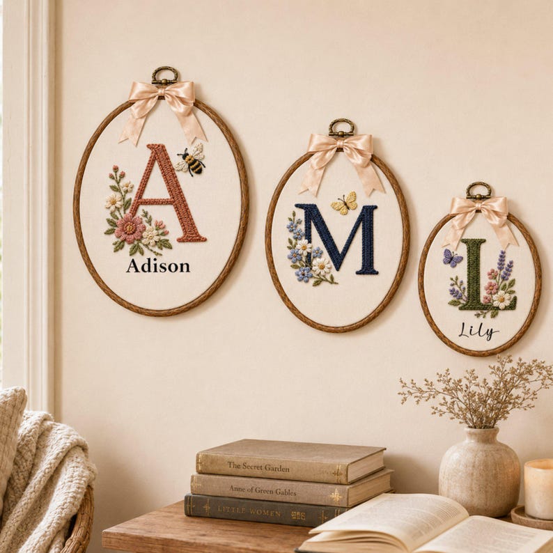 Custom Embroidered Monogram With Floral Oval Hoop Art, Personalized Embroidery Wall Hangings Decor
