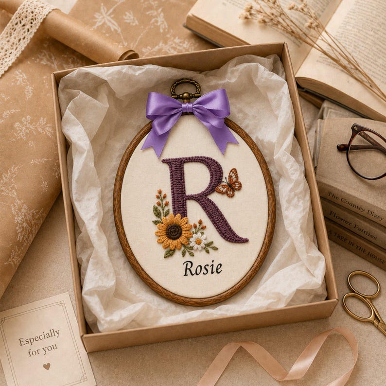 Custom Embroidered Monogram With Floral Oval Hoop Art, Personalized Embroidery Wall Hangings Decor