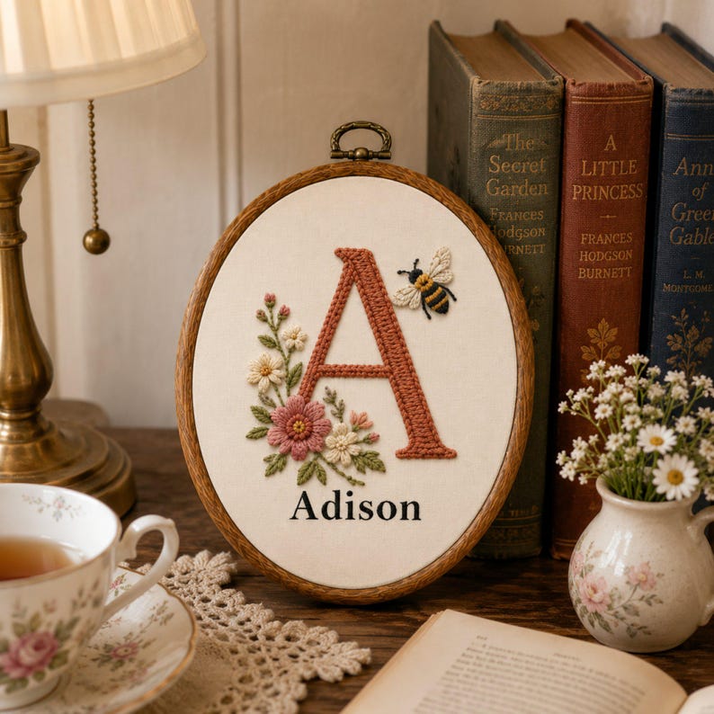 Custom Embroidered Monogram With Floral Oval Hoop Art, Personalized Embroidery Wall Hangings Decor
