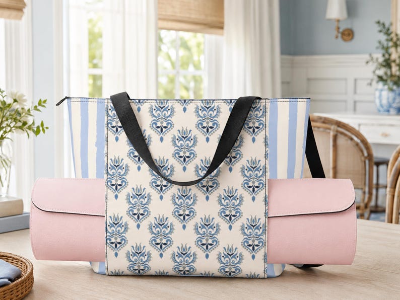 Mahjong Mat Carrying Bag with Rolled Mat Sleeve, Blue Ikat Mah Jongg Tote, Zippered Game Night Organizer