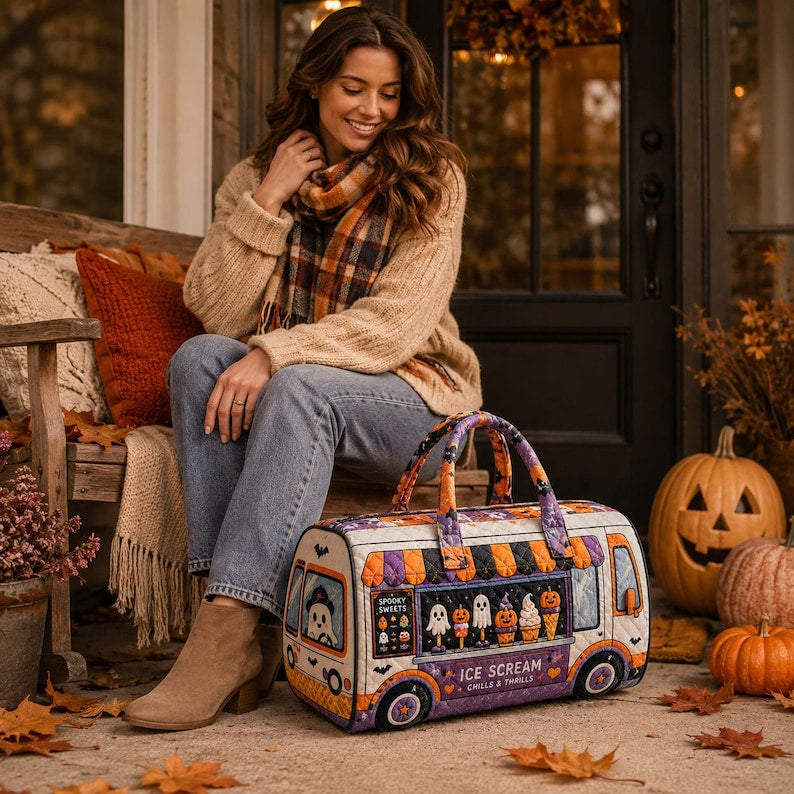 Halloween Ice Cream Truck Quilted Weekender Bag, Ghost Treats Travel Duffel, Spooky Cute Bag