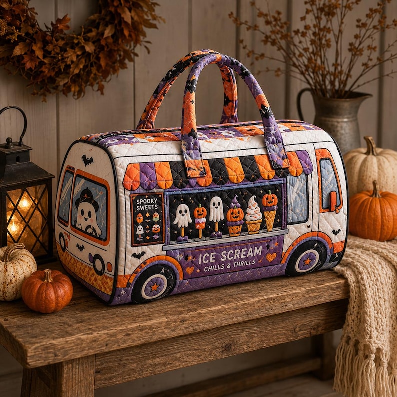 Halloween Ice Cream Truck Quilted Weekender Bag, Ghost Treats Travel Duffel, Spooky Cute Bag