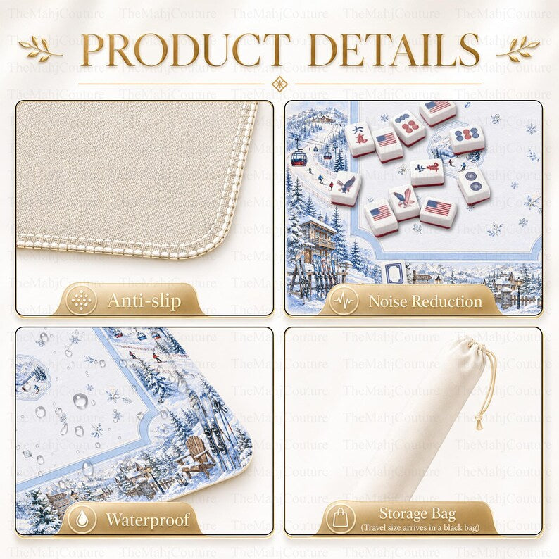 Luxury Ski Lodge Mahjong Mat, Cozy Blue Snowy Mountain Winter Game Mat, Apres Ski Hostess Gift