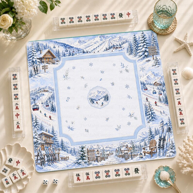 Luxury Ski Lodge Mahjong Mat, Cozy Blue Snowy Mountain Winter Game Mat, Apres Ski Hostess Gift