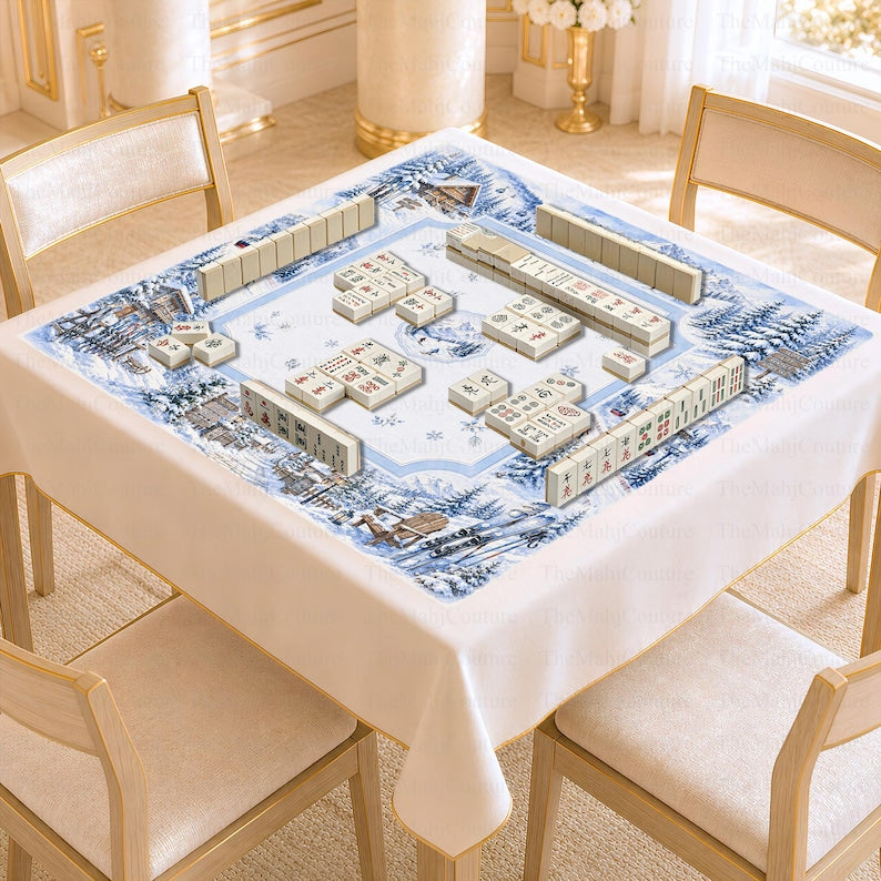 Luxury Ski Lodge Mahjong Mat, Cozy Blue Snowy Mountain Winter Game Mat, Apres Ski Hostess Gift