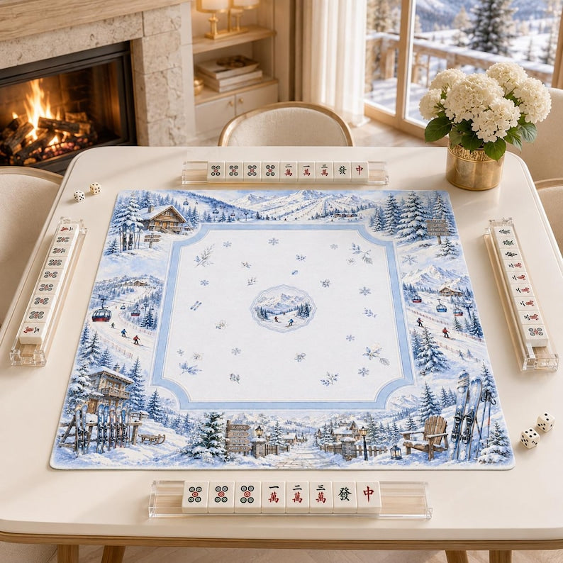 Luxury Ski Lodge Mahjong Mat, Cozy Blue Snowy Mountain Winter Game Mat, Apres Ski Hostess Gift