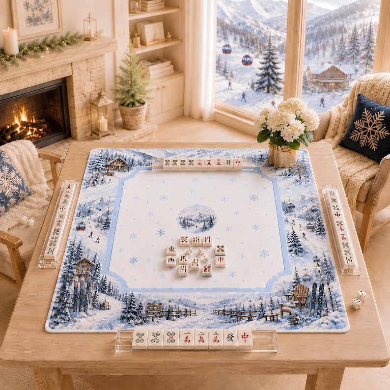 Luxury Ski Lodge Mahjong Mat, Cozy Blue Snowy Mountain Winter Game Mat, Apres Ski Hostess Gift