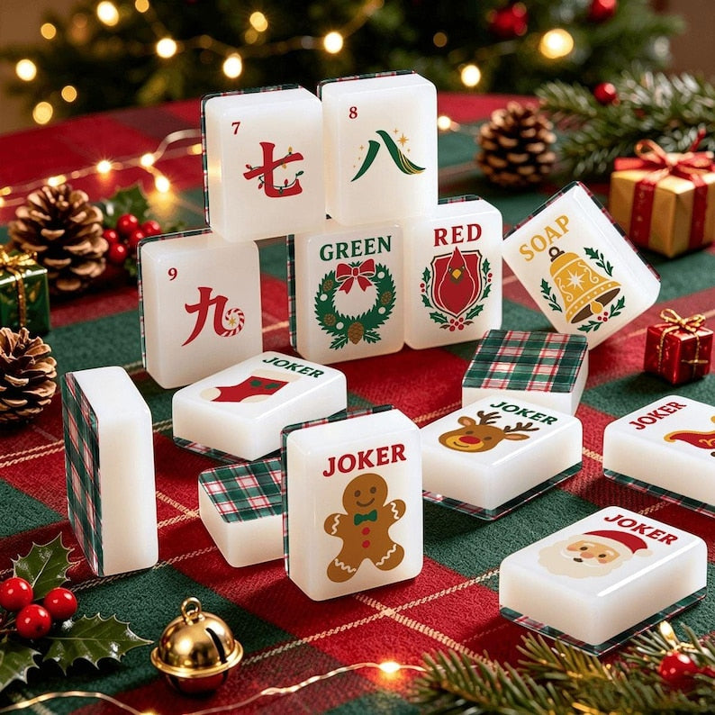 Christmas Mahjong Tile Set 160 Pieces, Green Plaid Holiday Mah Jongg Tiles, Festive Tartan Mahjong Set, Christmas Gift