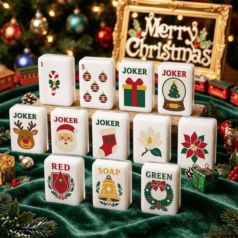 Christmas Mahjong Tile Set 160 Pieces, Green Plaid Holiday Mah Jongg Tiles, Festive Tartan Mahjong Set, Christmas Gift