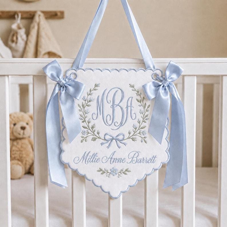 Personalized Baby Nursery Wall Hanging, Custom Embroidered Baby Name Banner, Baby Shower Gift