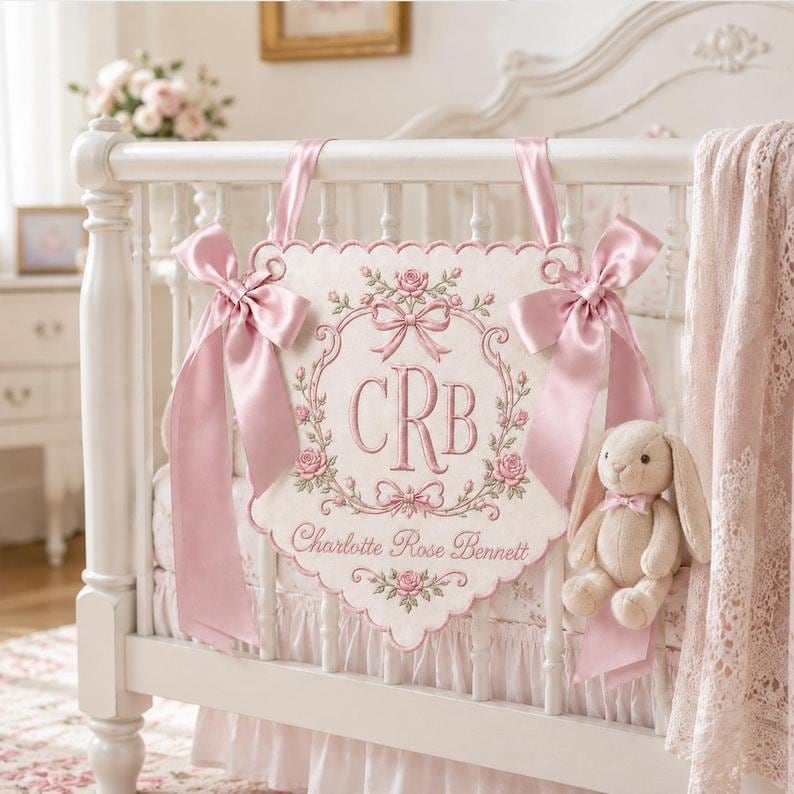 Personalized Crib Rail Banner, Custom Embroidered Baby Name Banner, Floral Monogram Crib Decor, Baby Nursery Keepsake