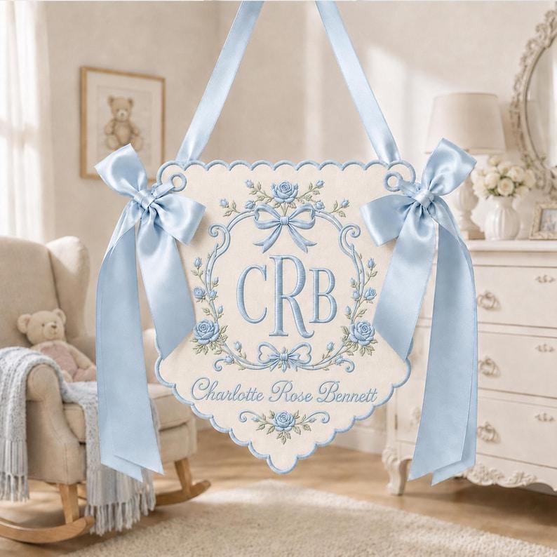 Personalized Crib Rail Banner, Custom Embroidered Baby Name Banner, Floral Monogram Crib Decor, Baby Nursery Keepsake