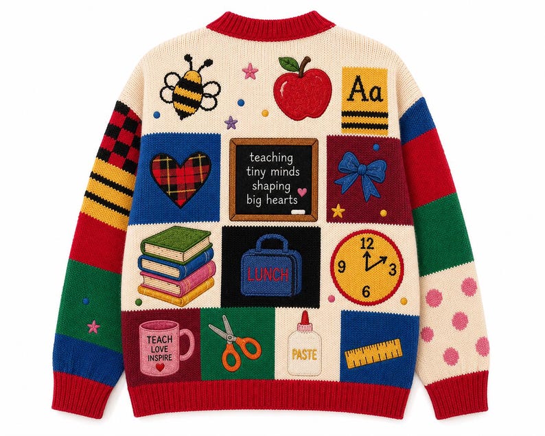 Personalized Teacher Name Knitted Cardigan, School Teacher Cardigan, Teacher Appreciation Gift, School Supplies Print Cardigan