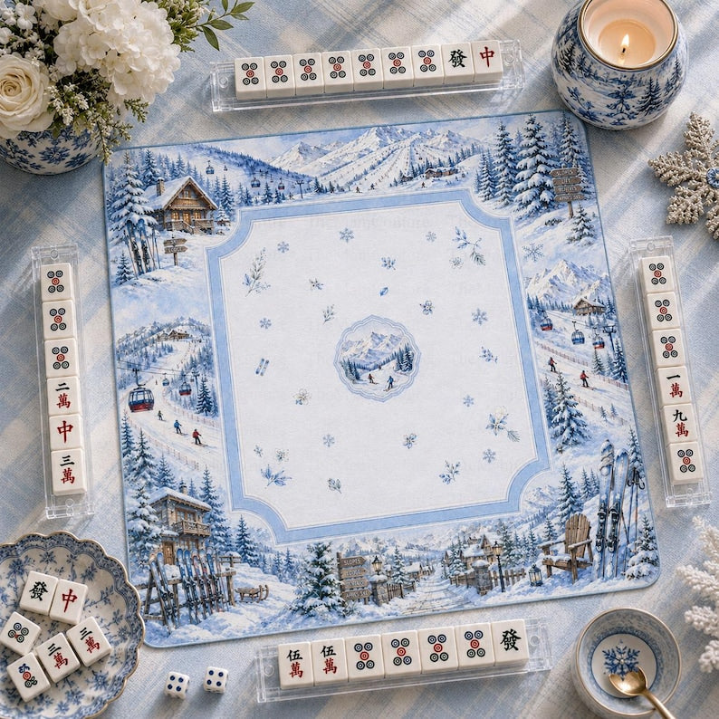 Luxury Ski Lodge Mahjong Mat, Cozy Blue Snowy Mountain Winter Game Mat, Apres Ski Hostess Gift